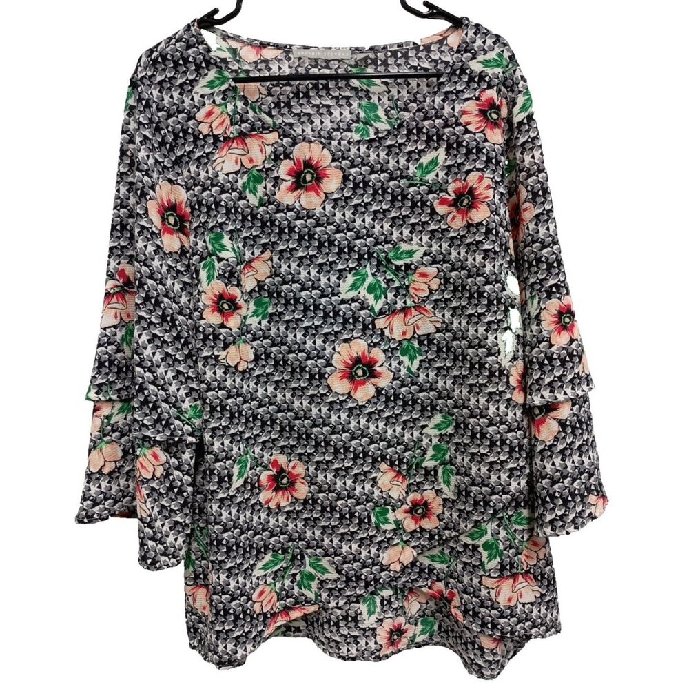 Valerie Stevens BOHO Cottagecore Top Womens XL Floral Bell‎ Sleeve Crossover Hem